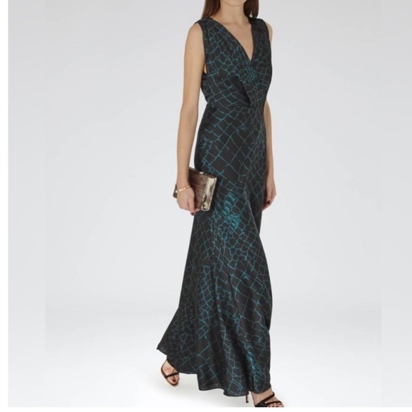 Reiss Dresses & Skirts - Reiss Maxi Dress Womens 4 Teal Black Abstract Print Satin V-Neck Formal Gown